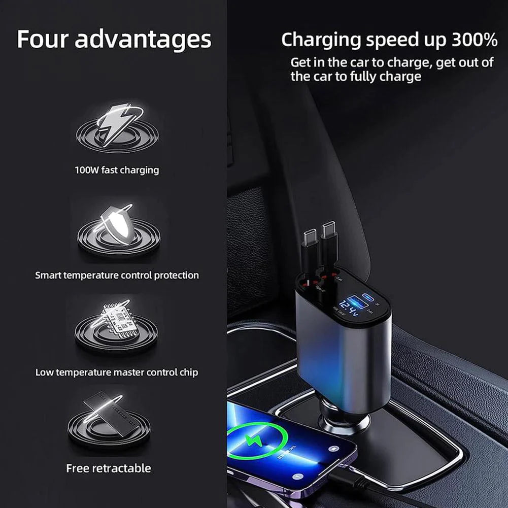 4-in-1 Retractable Fast Car Charger (100W) | All-in-One Cable for iPhone, Type-C & Micro